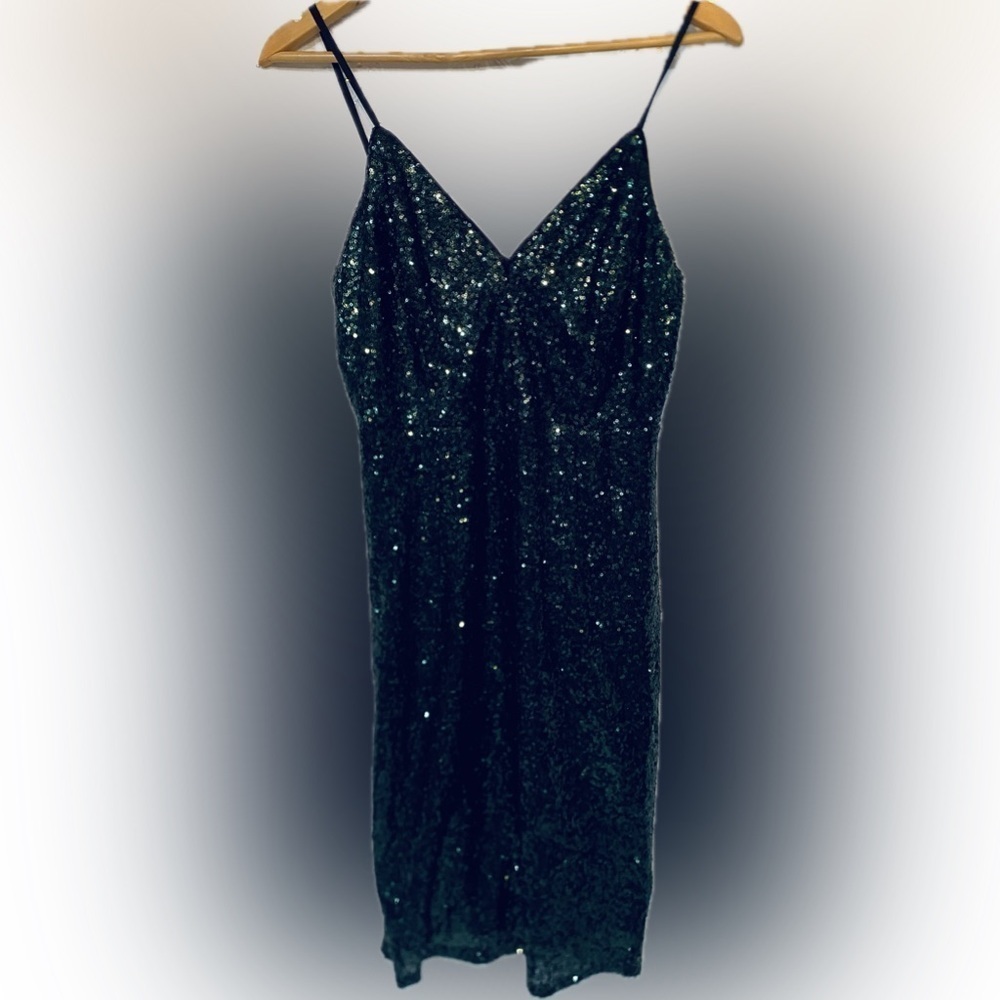 Deep Green Sequin Mini Dress Spaghetti Straps Body Con YaYa Co. Size Large